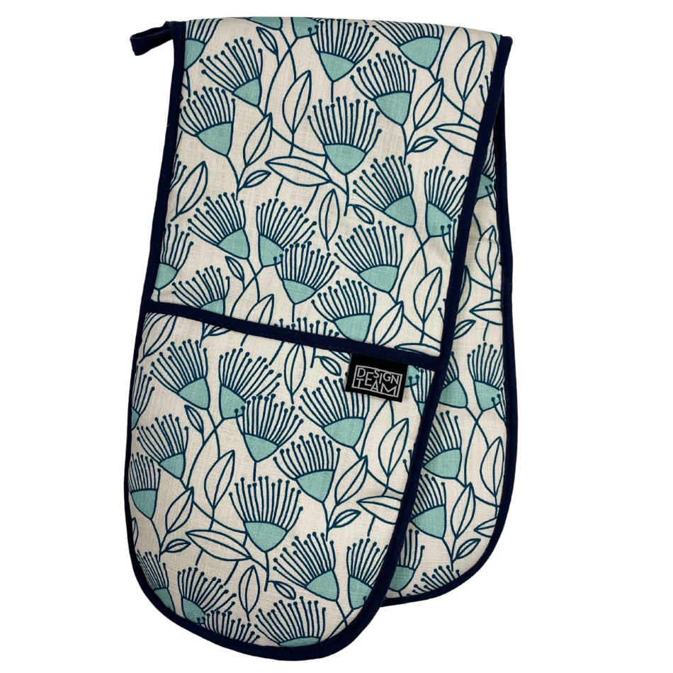 Cape Floral Aqua Oven Gloves with Navy Binding