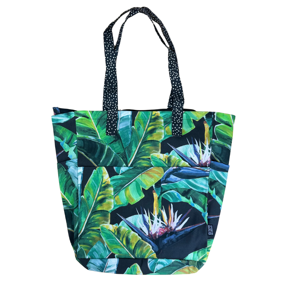 Birds of Paradise Charcoal and Spikkel Black Beach Bag