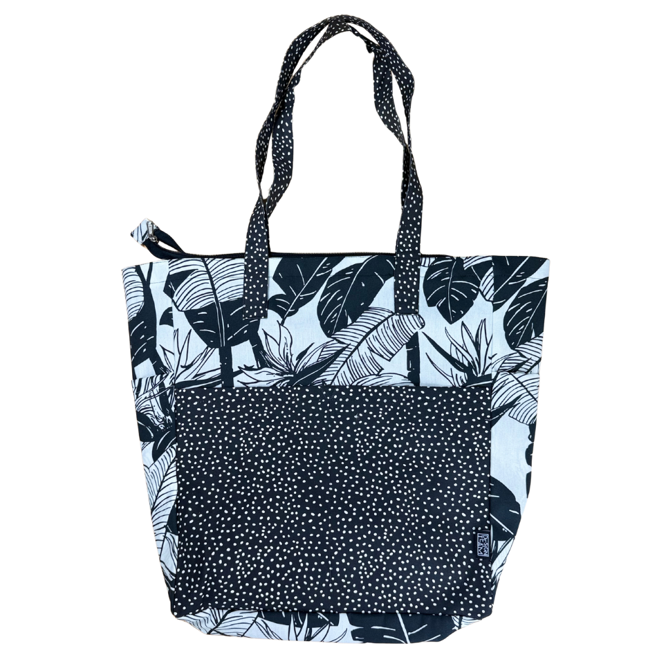 Strelitzia and Spikkel Black Beach Bag