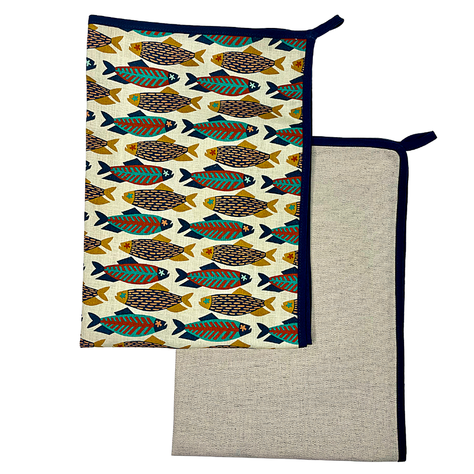 Fishies with Navy Binding Kitchen Towel Set of 2