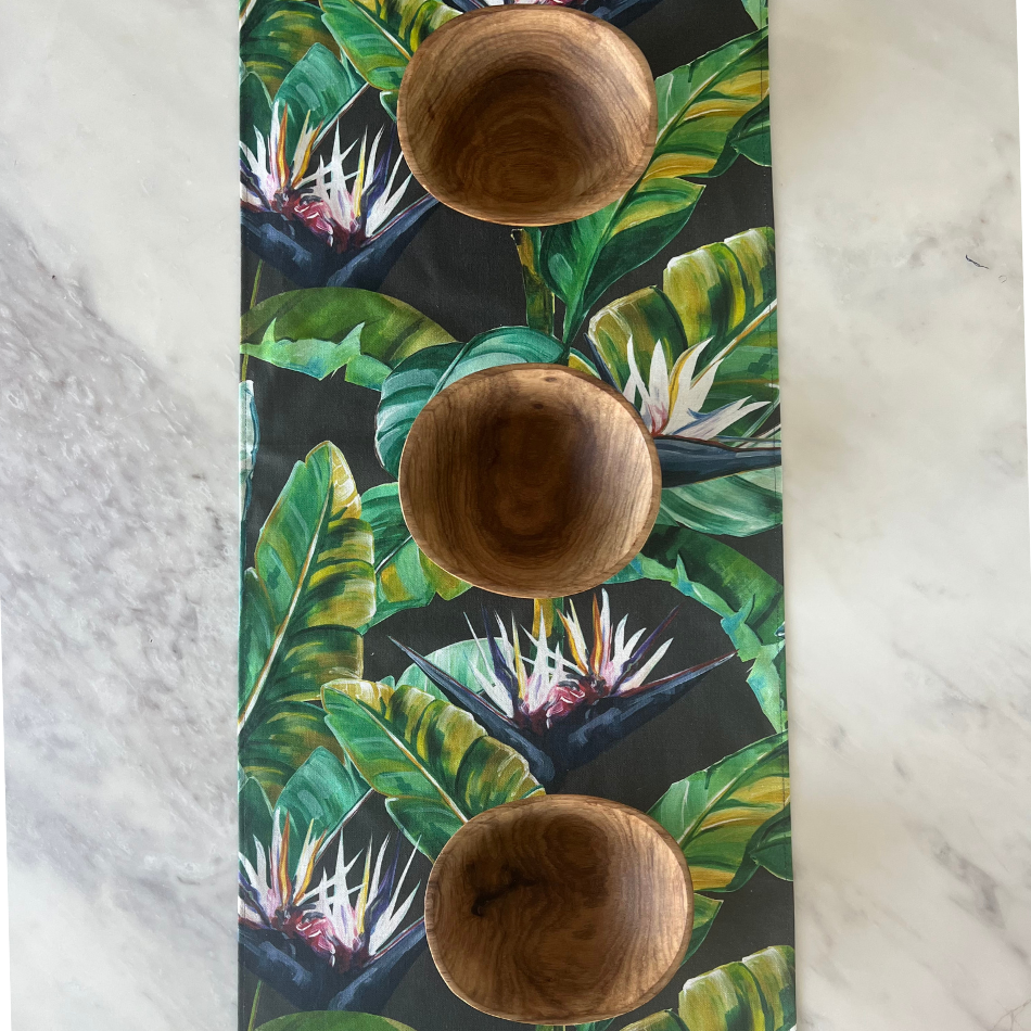 Table Runner Birds of Paradise Small Charcoal Organic Cotton