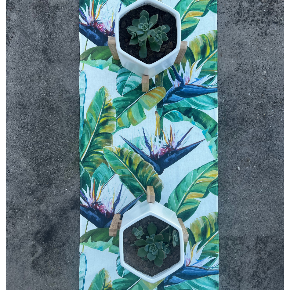 Table Runner Birds of Paradise Small White Organic Cotton