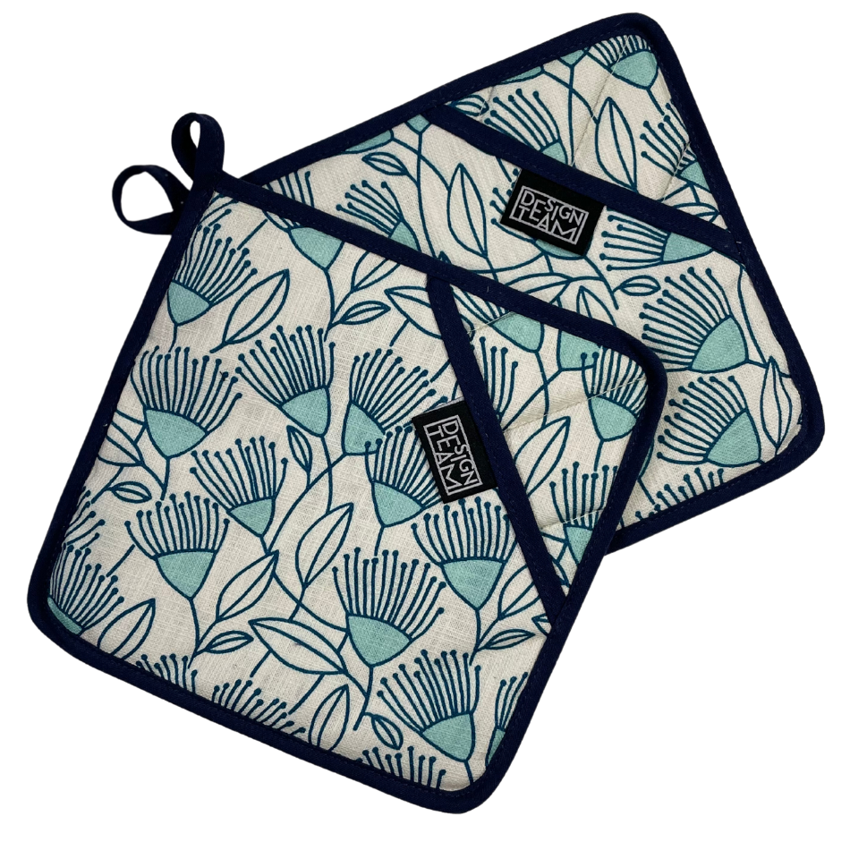 Cape Floral Aqua with Navy Binding Set of 2